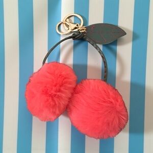 Cherry Keychain - Red Pom‎ Pom Cherries Keychain with Leaf Accent New